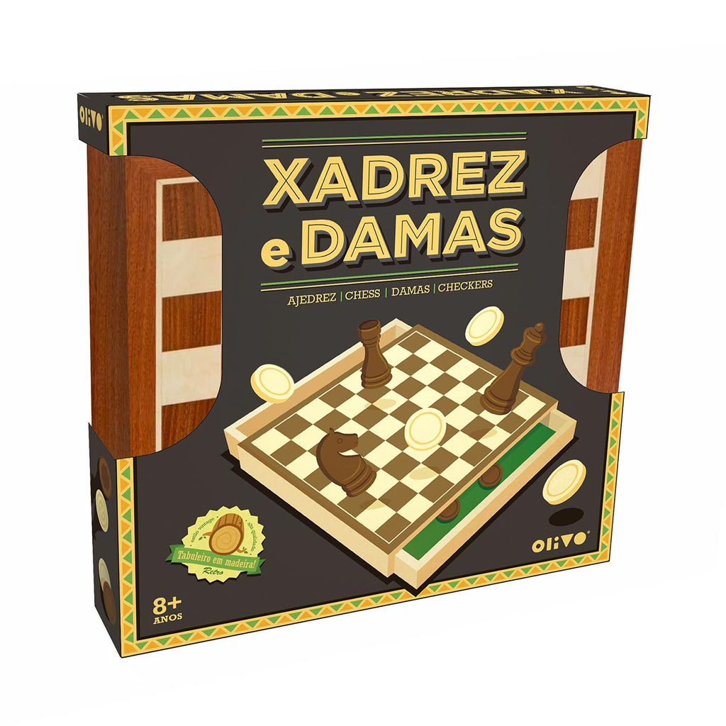 Jogo de Xadrez e Damas em Madeira - Tabuleiro 2 em 1